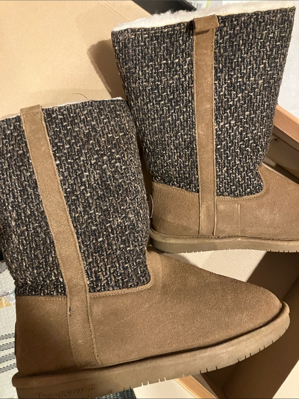 BearPaw Tan Suede and Charcoal Knit Winter Boots